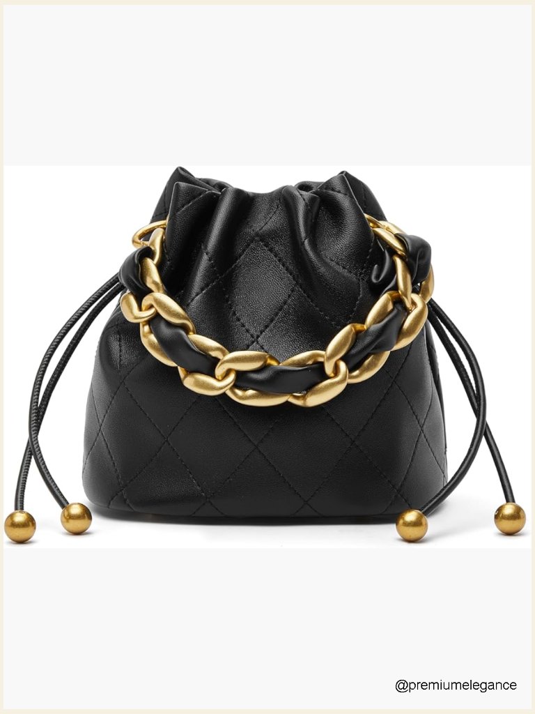 Genuine Lambskin Leather Drawstring Bucket Bag With Chain Strap